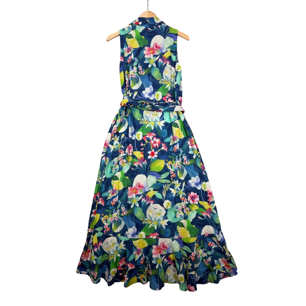 J.McLaughlin Mirimar Maxi Dress M Blue Floral Linen Blend Sleeveless Faux Wrap - Picture 3 of 11